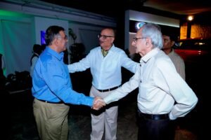 Bob introducing his friend Rammy (left) to the legendary Nazir Hoosein, organiser of the Himalayan Rally